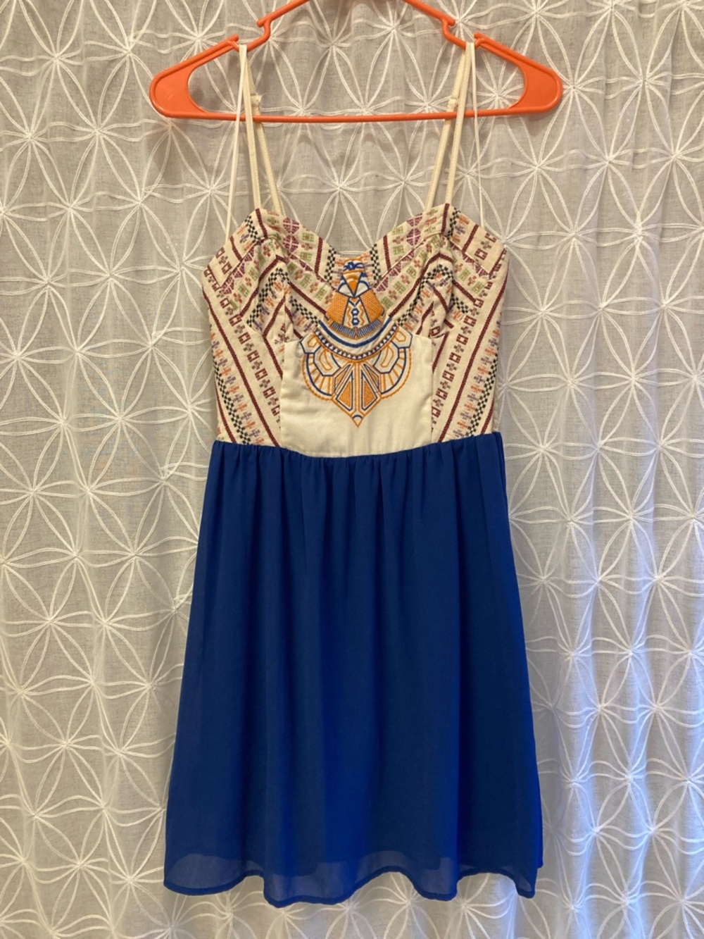 Flying Tomato Ivory Embroidered Bodice with Royal Blue Skirt Mini Dress